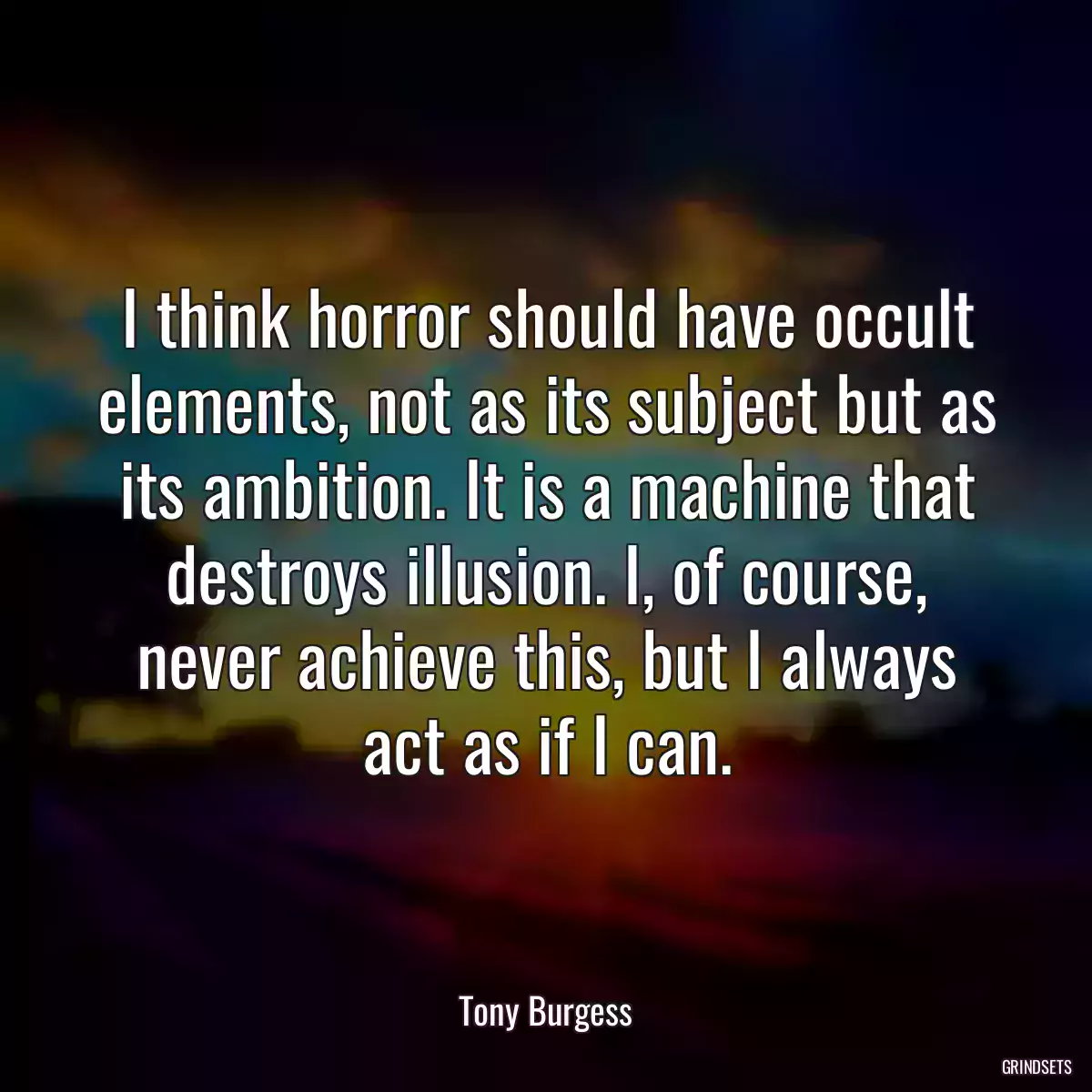 I think horror should have occult elements, not as its subject but as its ambition. It is a machine that destroys illusion. I, of course, never achieve this, but I always act as if I can.