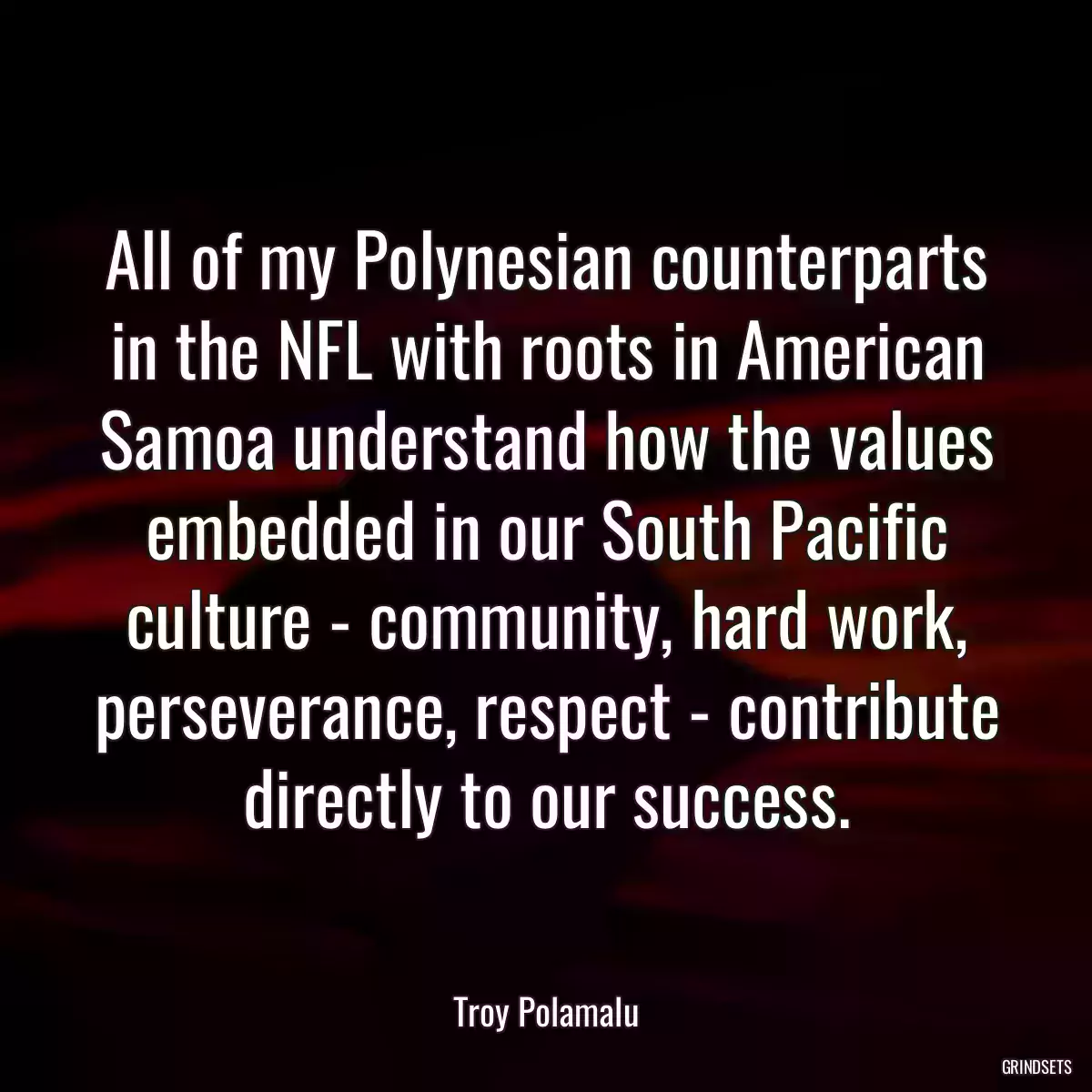 All of my Polynesian counterparts in the NFL with roots in American Samoa understand how the values embedded in our South Pacific culture - community, hard work, perseverance, respect - contribute directly to our success.