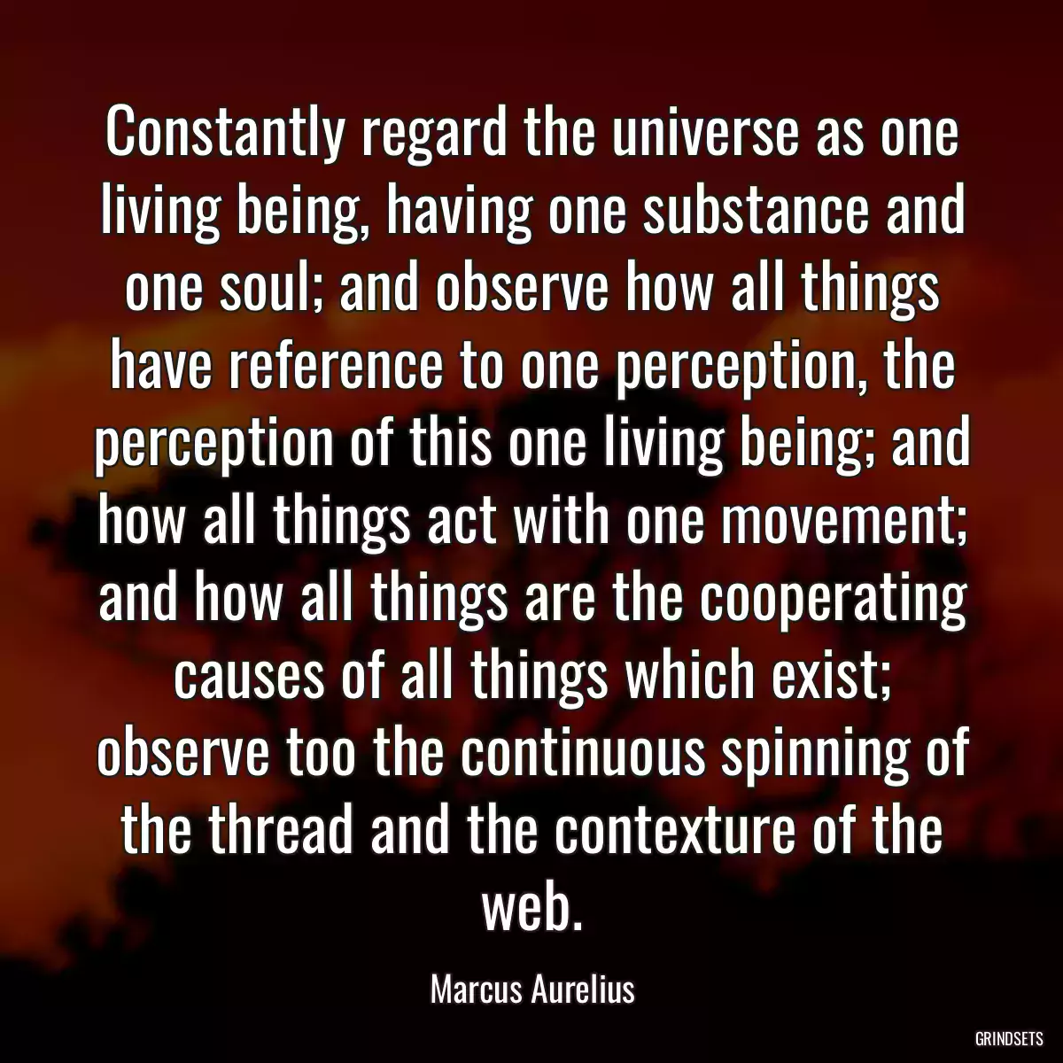 Constantly regard the universe as one living being, having one substance and one soul; and observe how all things have reference to one perception, the perception of this one living being; and how all things act with one movement; and how all things are the cooperating causes of all things which exist; observe too the continuous spinning of the thread and the contexture of the web.