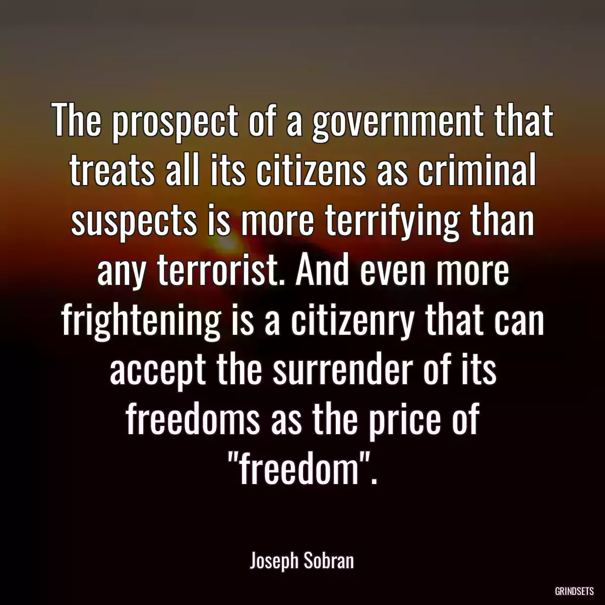 The prospect of a government that treats all its citizens as criminal suspects is more terrifying than any terrorist. And even more frightening is a citizenry that can accept the surrender of its freedoms as the price of \