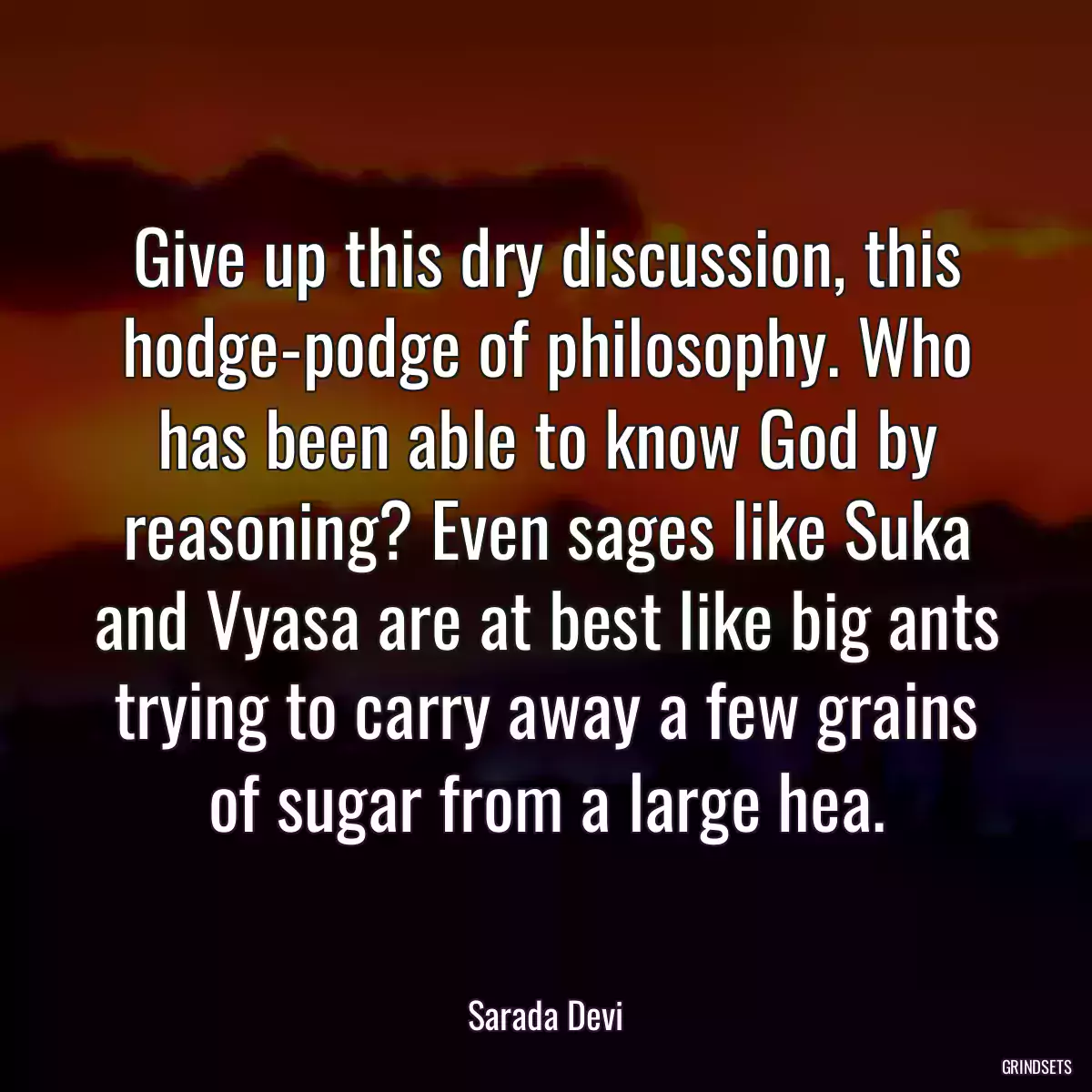 Give up this dry discussion, this hodge-podge of philosophy. Who has been able to know God by reasoning? Even sages like Suka and Vyasa are at best like big ants trying to carry away a few grains of sugar from a large hea.