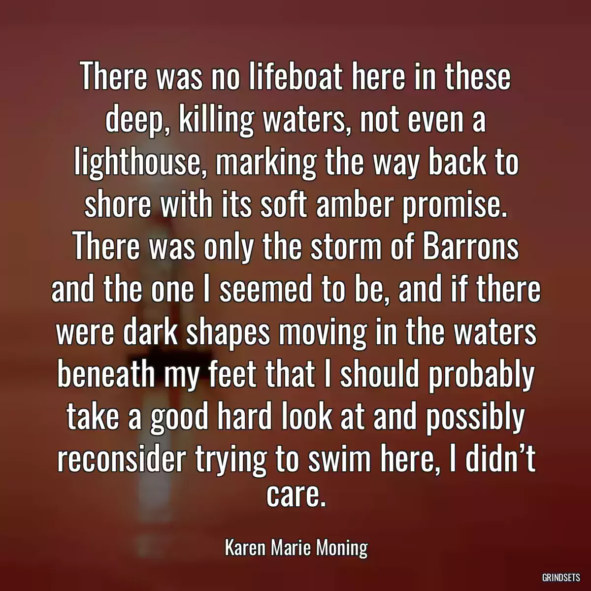 There was no lifeboat here in these deep, killing waters, not even a lighthouse, marking the way back to shore with its soft amber promise. There was only the storm of Barrons and the one I seemed to be, and if there were dark shapes moving in the waters beneath my feet that I should probably take a good hard look at and possibly reconsider trying to swim here, I didn’t care.