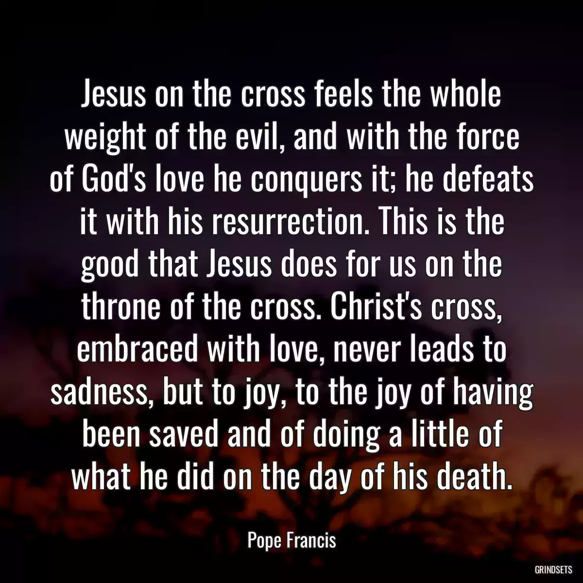 Jesus on the cross feels the whole weight of the evil, and with the force of God\'s love he conquers it; he defeats it with his resurrection. This is the good that Jesus does for us on the throne of the cross. Christ\'s cross, embraced with love, never leads to sadness, but to joy, to the joy of having been saved and of doing a little of what he did on the day of his death.