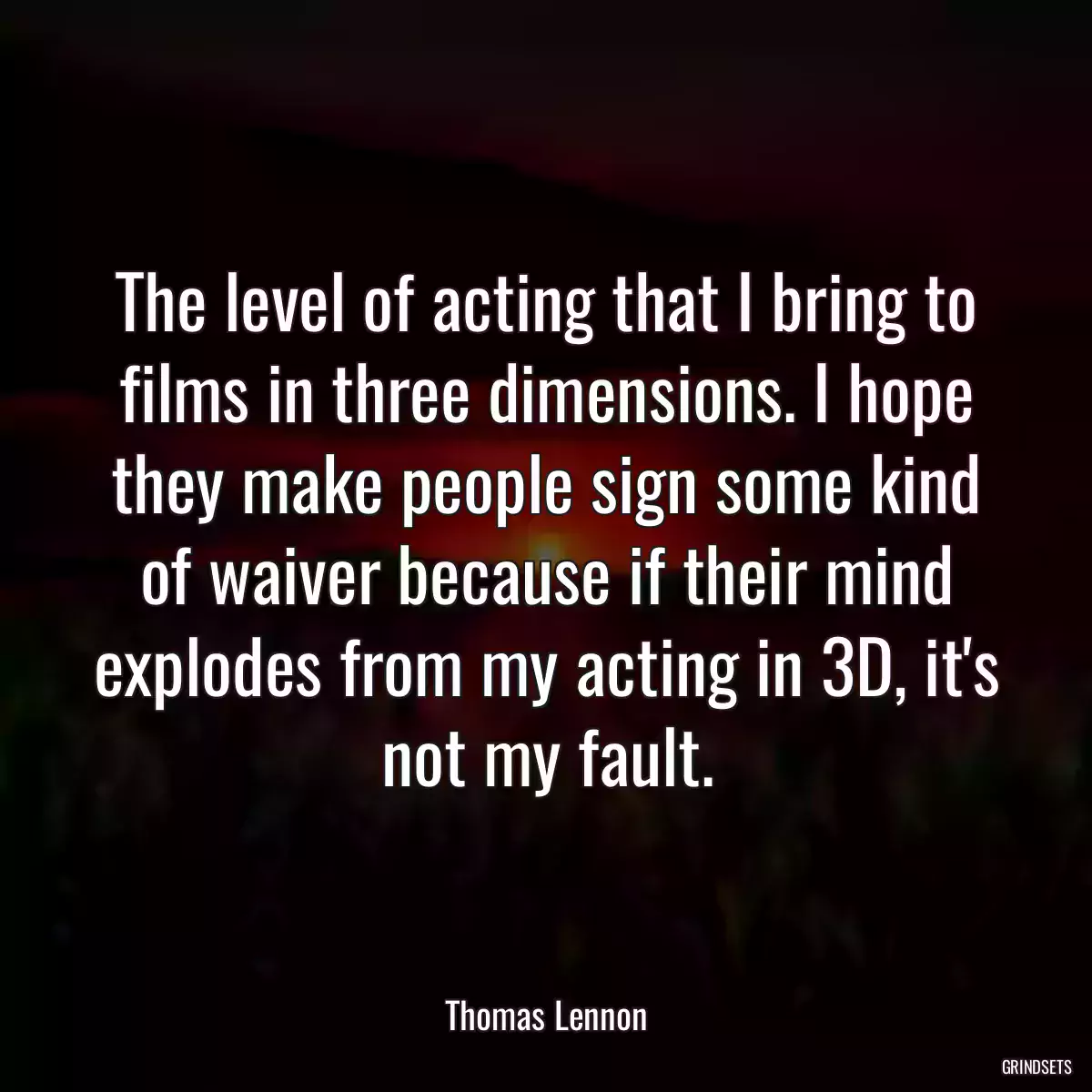 The level of acting that I bring to films in three dimensions. I hope they make people sign some kind of waiver because if their mind explodes from my acting in 3D, it\'s not my fault.