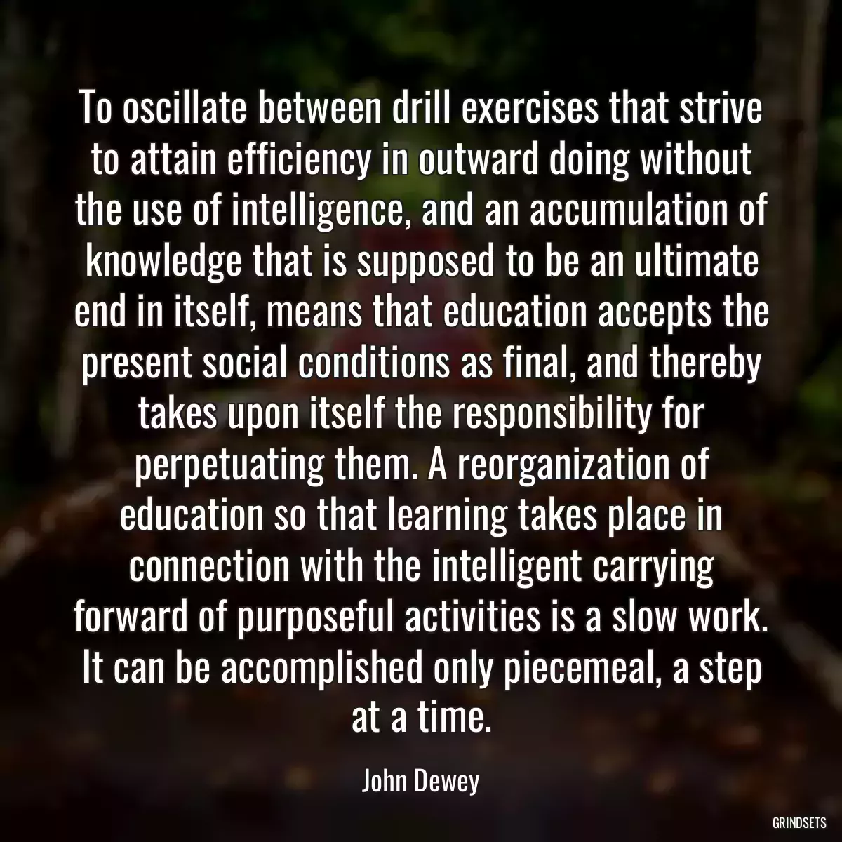 To oscillate between drill exercises that strive to attain efficiency in outward doing without the use of intelligence, and an accumulation of knowledge that is supposed to be an ultimate end in itself, means that education accepts the present social conditions as final, and thereby takes upon itself the responsibility for perpetuating them. A reorganization of education so that learning takes place in connection with the intelligent carrying forward of purposeful activities is a slow work. It can be accomplished only piecemeal, a step at a time.