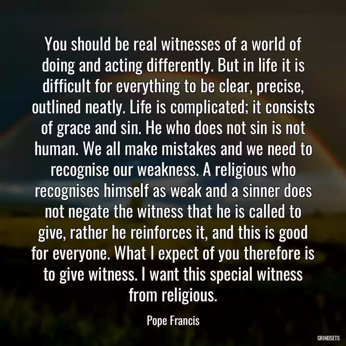 You should be real witnesses of a world of doing and acting differently. But in life it is difficult for everything to be clear, precise, outlined neatly. Life is complicated; it consists of grace and sin. He who does not sin is not human. We all make mistakes and we need to recognise our weakness. A religious who recognises himself as weak and a sinner does not negate the witness that he is called to give, rather he reinforces it, and this is good for everyone. What I expect of you therefore is to give witness. I want this special witness from religious.