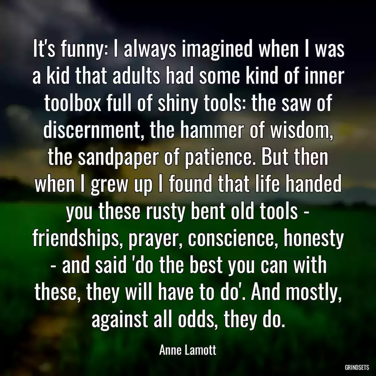 It\'s funny: I always imagined when I was a kid that adults had some kind of inner toolbox full of shiny tools: the saw of discernment, the hammer of wisdom, the sandpaper of patience. But then when I grew up I found that life handed you these rusty bent old tools - friendships, prayer, conscience, honesty - and said \'do the best you can with these, they will have to do\'. And mostly, against all odds, they do.