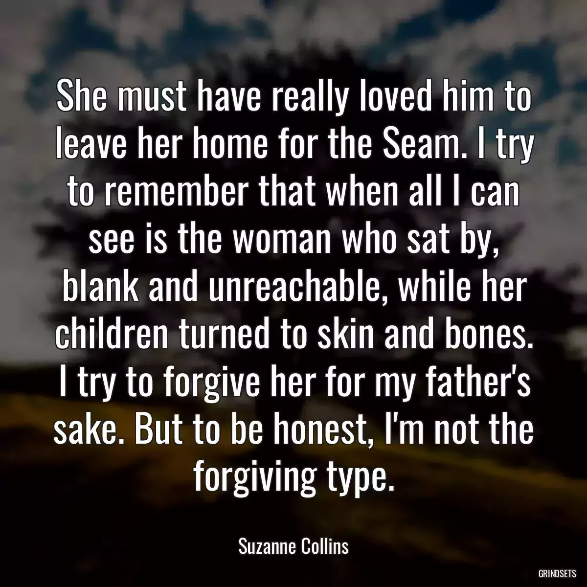 She must have really loved him to leave her home for the Seam. I try to remember that when all I can see is the woman who sat by, blank and unreachable, while her children turned to skin and bones. I try to forgive her for my father\'s sake. But to be honest, I\'m not the forgiving type.