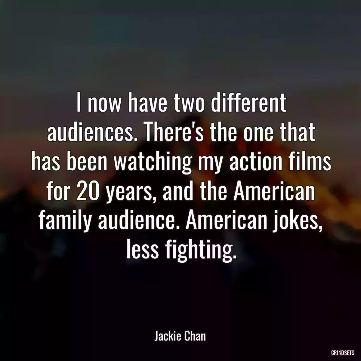 I now have two different audiences. There\'s the one that has been watching my action films for 20 years, and the American family audience. American jokes, less fighting.