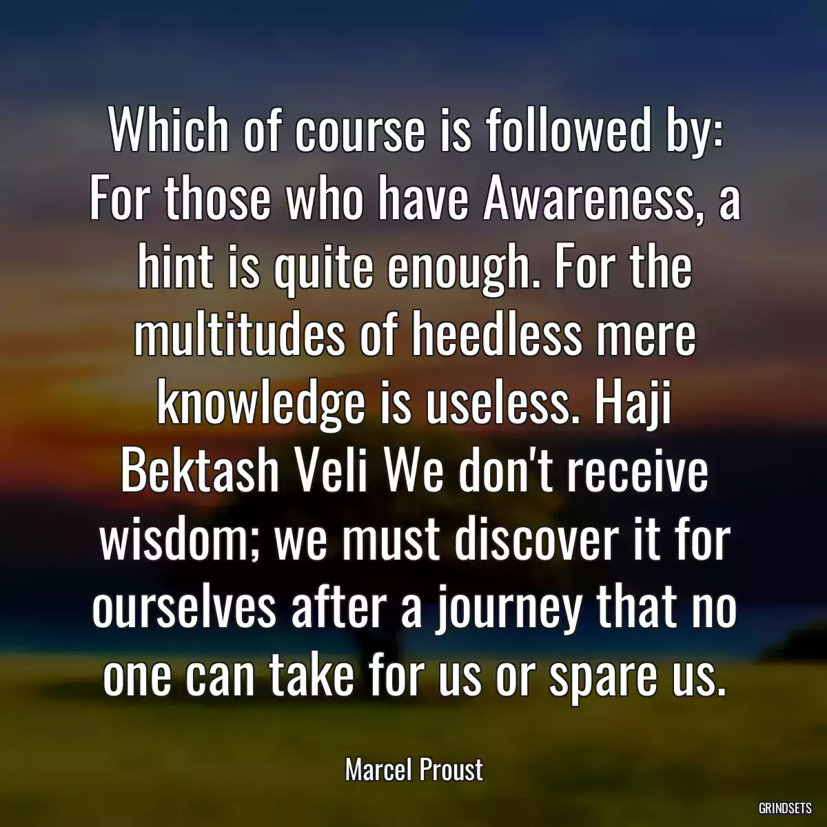 Which of course is followed by: For those who have Awareness, a hint is quite enough. For the multitudes of heedless mere knowledge is useless. Haji Bektash Veli We don\'t receive wisdom; we must discover it for ourselves after a journey that no one can take for us or spare us.