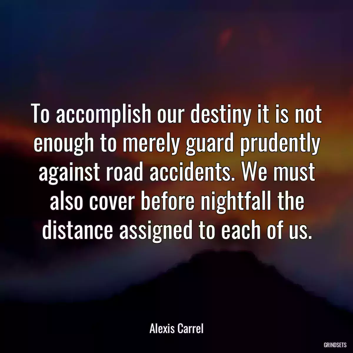 To accomplish our destiny it is not enough to merely guard prudently against road accidents. We must also cover before nightfall the distance assigned to each of us.