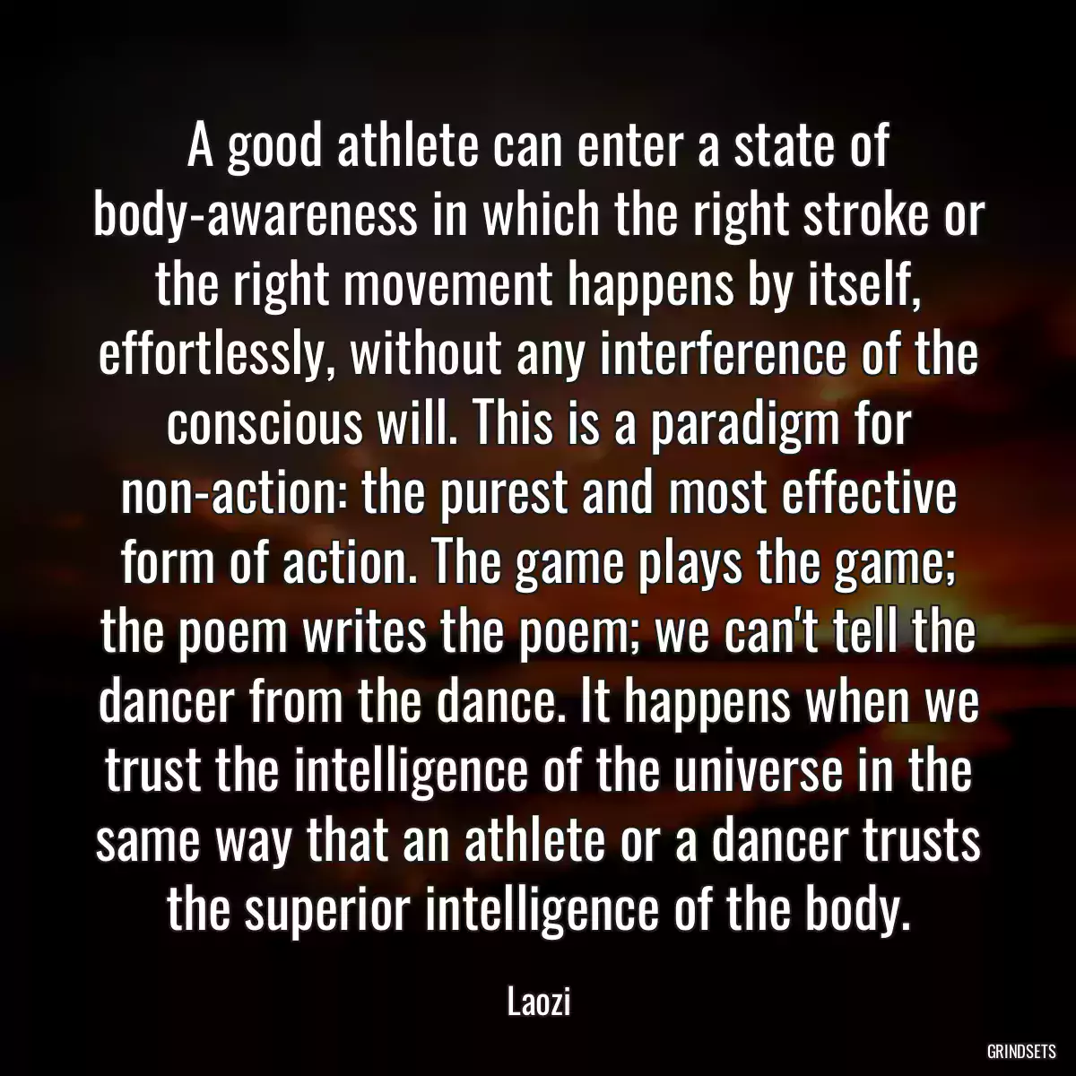 A good athlete can enter a state of body-awareness in which the right stroke or the right movement happens by itself, effortlessly, without any interference of the conscious will. This is a paradigm for non-action: the purest and most effective form of action. The game plays the game; the poem writes the poem; we can\'t tell the dancer from the dance. It happens when we trust the intelligence of the universe in the same way that an athlete or a dancer trusts the superior intelligence of the body.