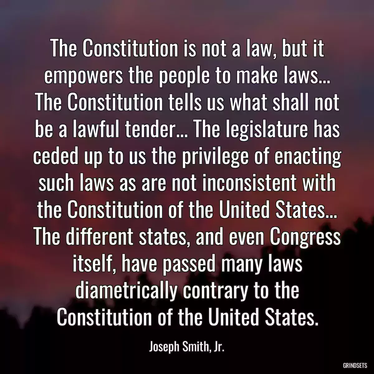 The Constitution is not a law, but it empowers the people to make laws... The Constitution tells us what shall not be a lawful tender... The legislature has ceded up to us the privilege of enacting such laws as are not inconsistent with the Constitution of the United States... The different states, and even Congress itself, have passed many laws diametrically contrary to the Constitution of the United States.