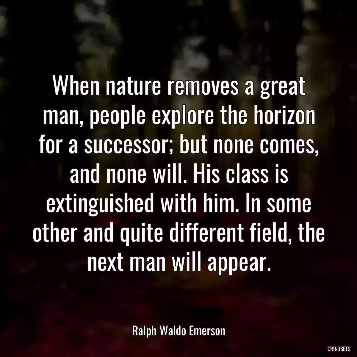When nature removes a great man, people explore the horizon for a successor; but none comes, and none will. His class is extinguished with him. In some other and quite different field, the next man will appear.