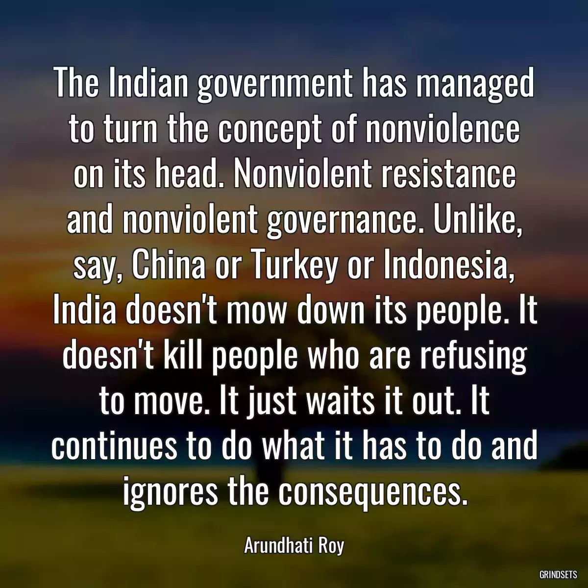 The Indian government has managed to turn the concept of nonviolence on its head. Nonviolent resistance and nonviolent governance. Unlike, say, China or Turkey or Indonesia, India doesn\'t mow down its people. It doesn\'t kill people who are refusing to move. It just waits it out. It continues to do what it has to do and ignores the consequences.