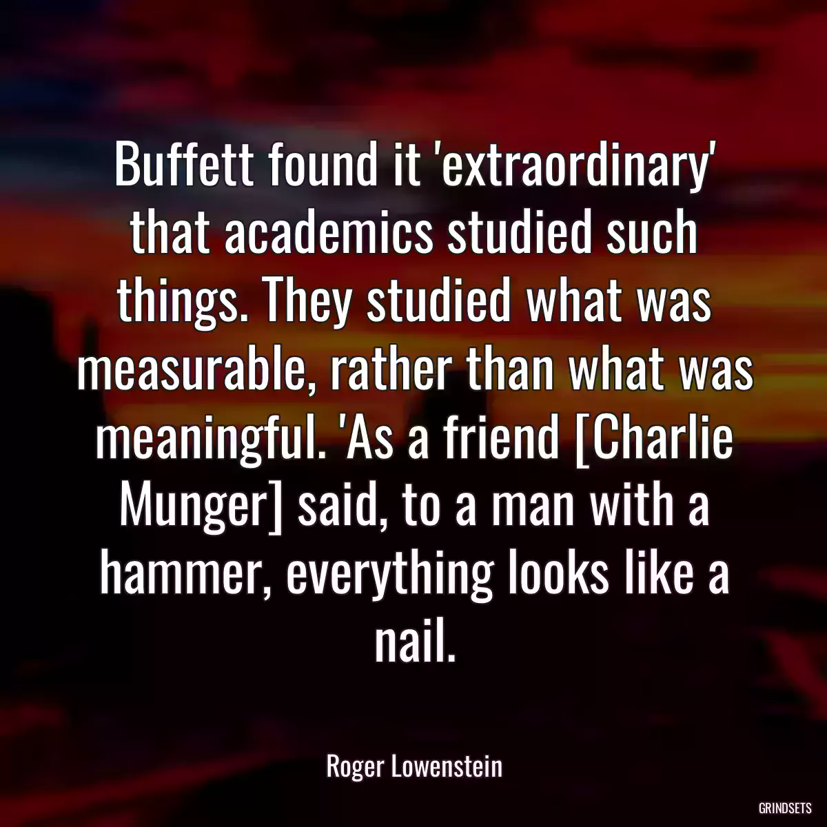 Buffett found it \'extraordinary\' that academics studied such things. They studied what was measurable, rather than what was meaningful. \'As a friend [Charlie Munger] said, to a man with a hammer, everything looks like a nail.