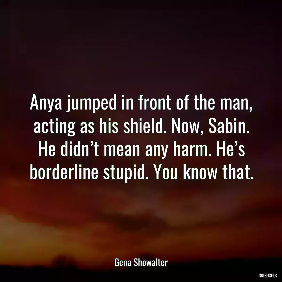 Anya jumped in front of the man, acting as his shield. Now, Sabin. He didn’t mean any harm. He’s borderline stupid. You know that.