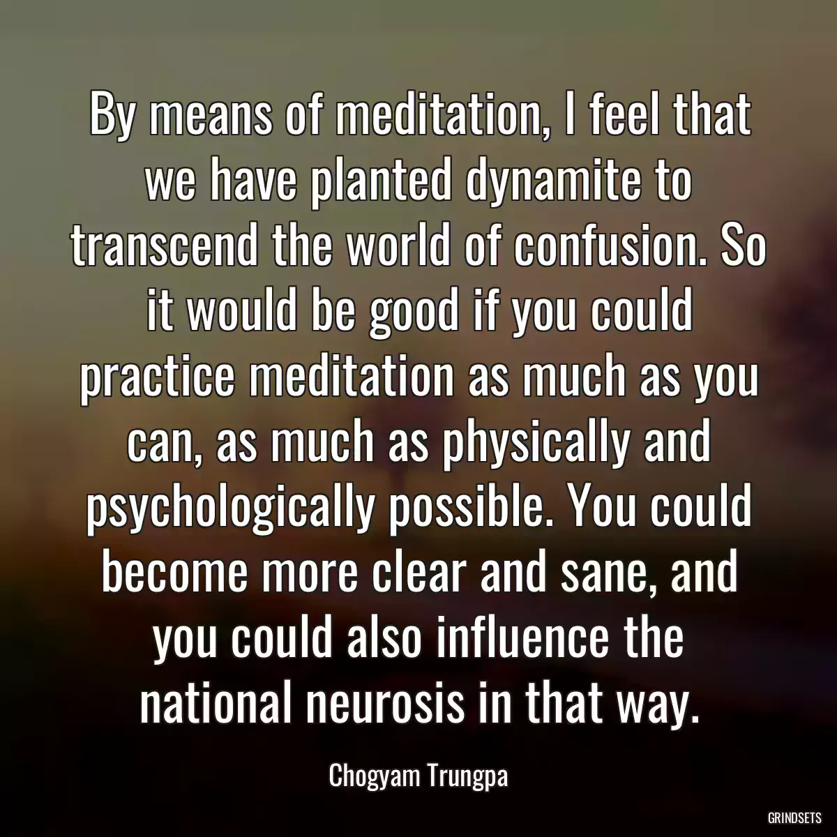 By means of meditation, I feel that we have planted dynamite to transcend the world of confusion. So it would be good if you could practice meditation as much as you can, as much as physically and psychologically possible. You could become more clear and sane, and you could also influence the national neurosis in that way.