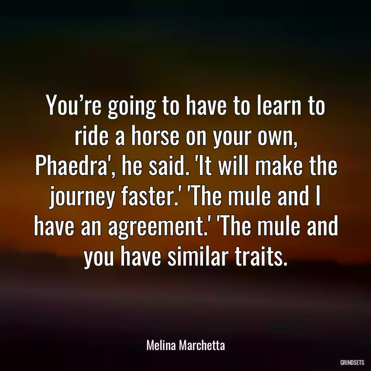 You’re going to have to learn to ride a horse on your own, Phaedra\', he said. \'It will make the journey faster.\' \'The mule and I have an agreement.\' \'The mule and you have similar traits.