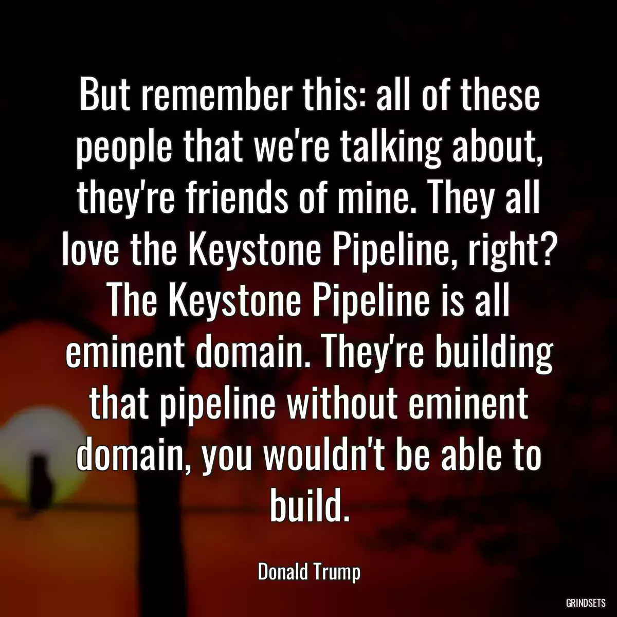 But remember this: all of these people that we\'re talking about, they\'re friends of mine. They all love the Keystone Pipeline, right?
The Keystone Pipeline is all eminent domain. They\'re building that pipeline without eminent domain, you wouldn\'t be able to build.