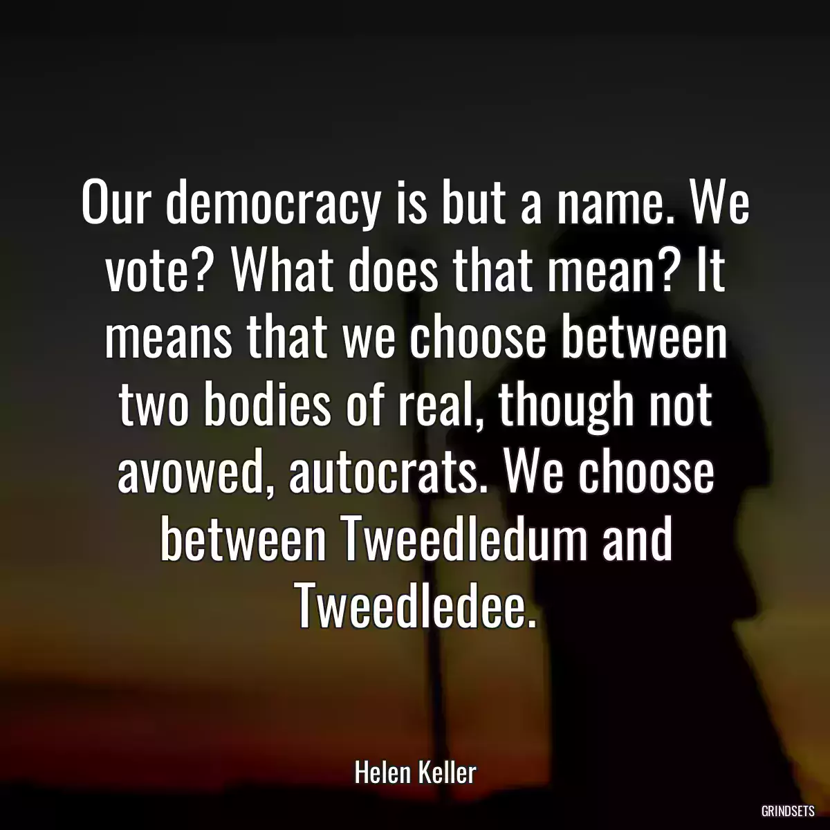 Our democracy is but a name. We vote? What does that mean? It means that we choose between two bodies of real, though not avowed, autocrats. We choose between Tweedledum and Tweedledee.