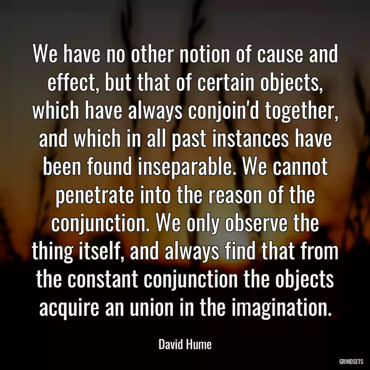 We have no other notion of cause and effect, but that of certain objects, which have always conjoin\'d together, and which in all past instances have been found inseparable. We cannot penetrate into the reason of the conjunction. We only observe the thing itself, and always find that from the constant conjunction the objects acquire an union in the imagination.