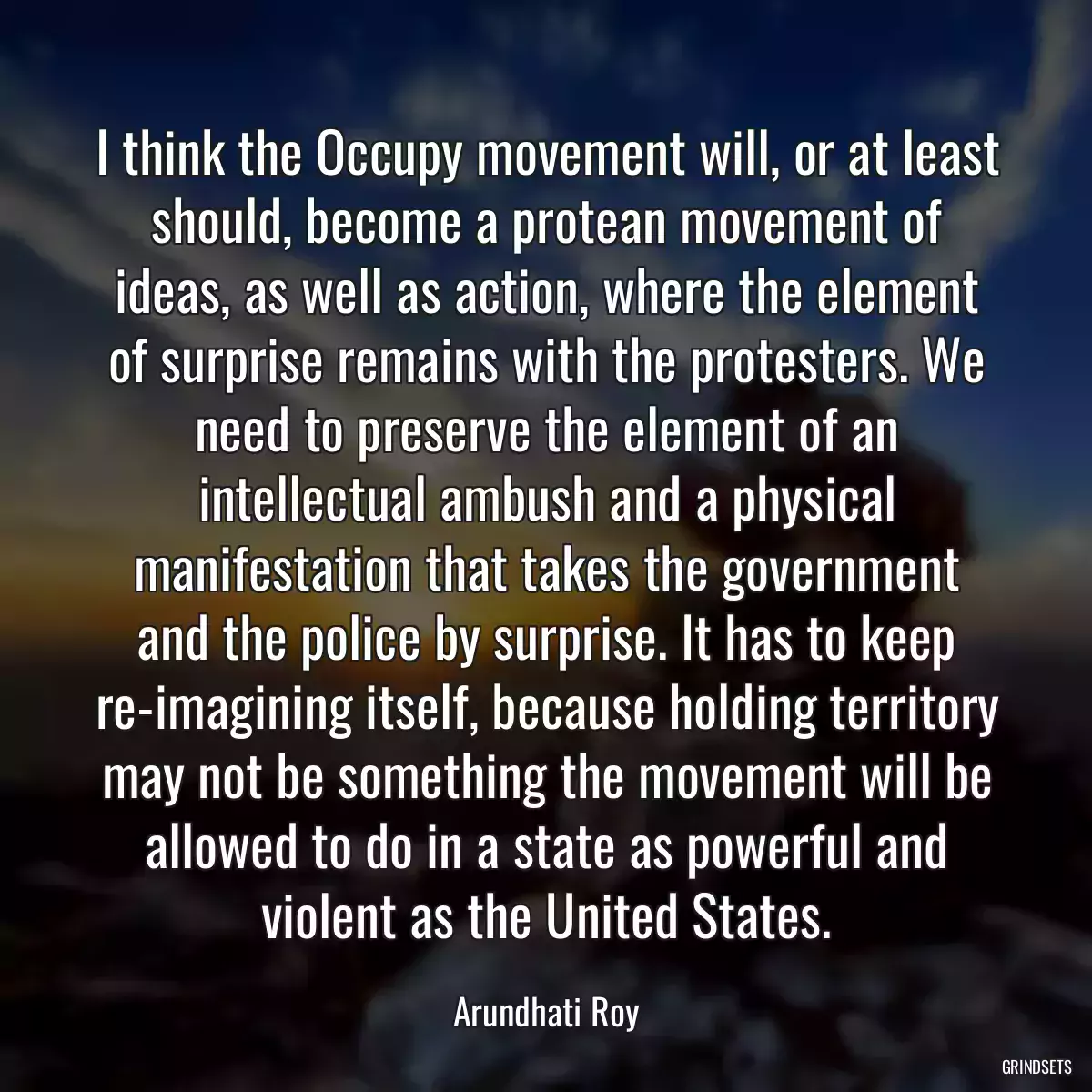 I think the Occupy movement will, or at least should, become a protean movement of ideas, as well as action, where the element of surprise remains with the protesters. We need to preserve the element of an intellectual ambush and a physical manifestation that takes the government and the police by surprise. It has to keep re-imagining itself, because holding territory may not be something the movement will be allowed to do in a state as powerful and violent as the United States.