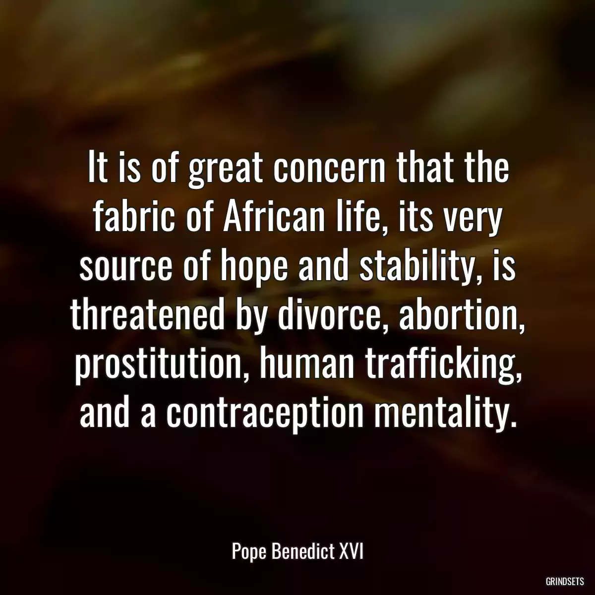 It is of great concern that the fabric of African life, its very source of hope and stability, is threatened by divorce, abortion, prostitution, human trafficking, and a contraception mentality.