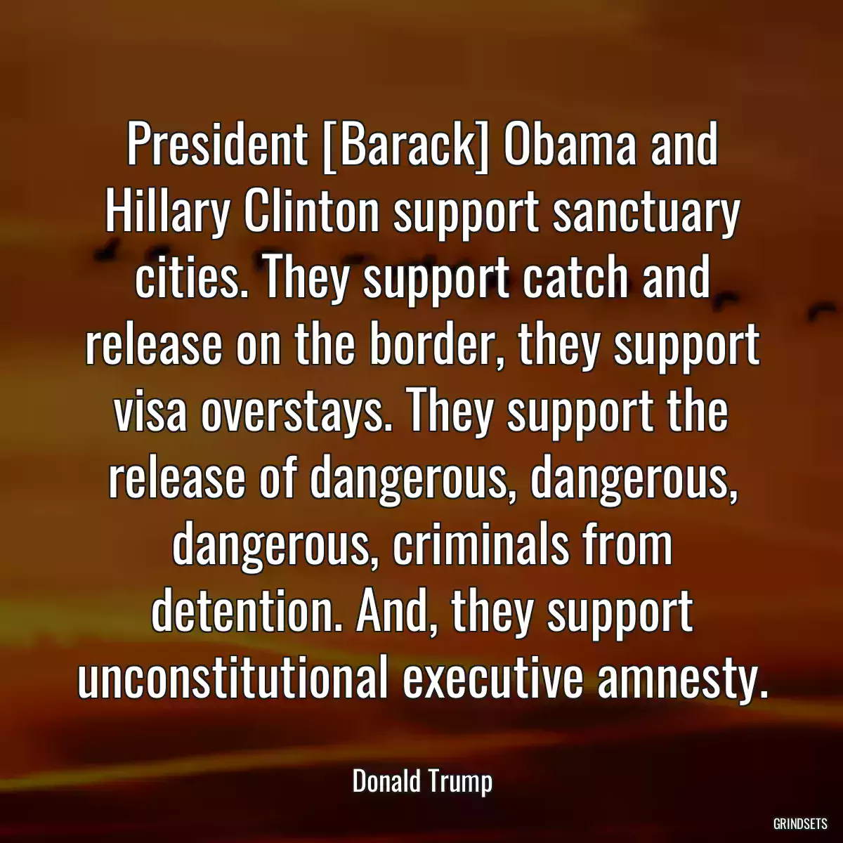 President [Barack] Obama and Hillary Clinton support sanctuary cities. They support catch and release on the border, they support visa overstays. They support the release of dangerous, dangerous, dangerous, criminals from detention. And, they support unconstitutional executive amnesty.