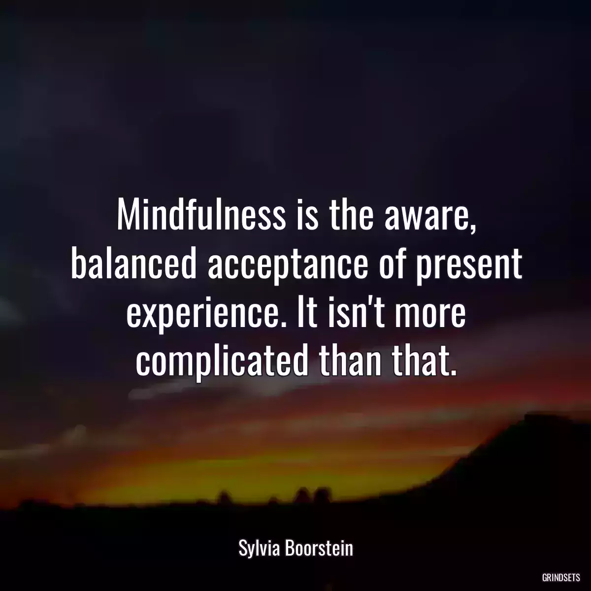 Mindfulness is the aware, balanced acceptance of present experience. It isn\'t more complicated than that.