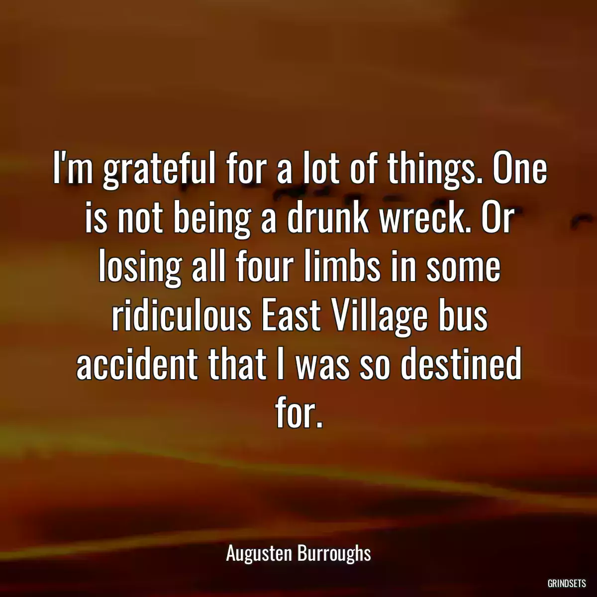 I\'m grateful for a lot of things. One is not being a drunk wreck. Or losing all four limbs in some ridiculous East Village bus accident that I was so destined for.