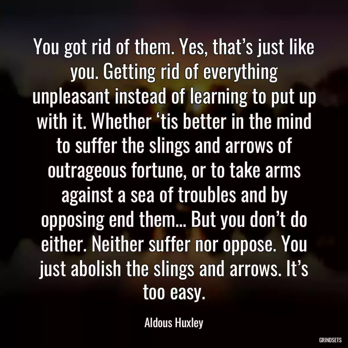 You got rid of them. Yes, that’s just like you. Getting rid of everything unpleasant instead of learning to put up with it. Whether ‘tis better in the mind to suffer the slings and arrows of outrageous fortune, or to take arms against a sea of troubles and by opposing end them… But you don’t do either. Neither suffer nor oppose. You just abolish the slings and arrows. It’s too easy.