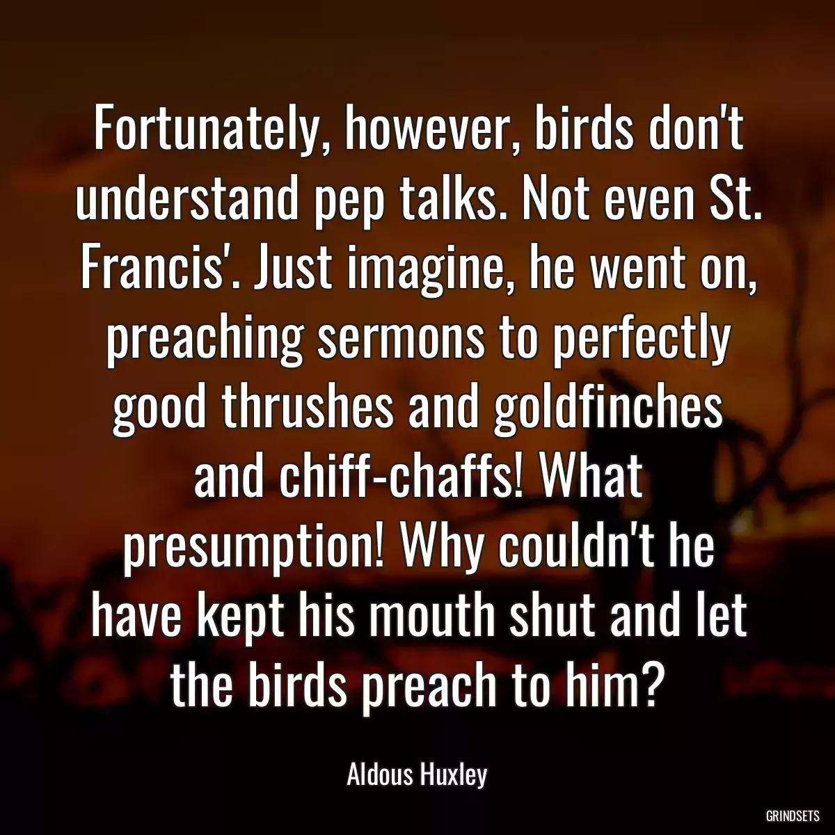 Fortunately, however, birds don\'t understand pep talks. Not even St. Francis\'. Just imagine, he went on, preaching sermons to perfectly good thrushes and goldfinches and chiff-chaffs! What presumption! Why couldn\'t he have kept his mouth shut and let the birds preach to him?