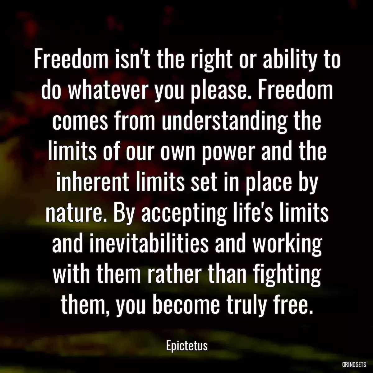 Freedom isn\'t the right or ability to do whatever you please. Freedom comes from understanding the limits of our own power and the inherent limits set in place by nature. By accepting life\'s limits and inevitabilities and working with them rather than fighting them, you become truly free.