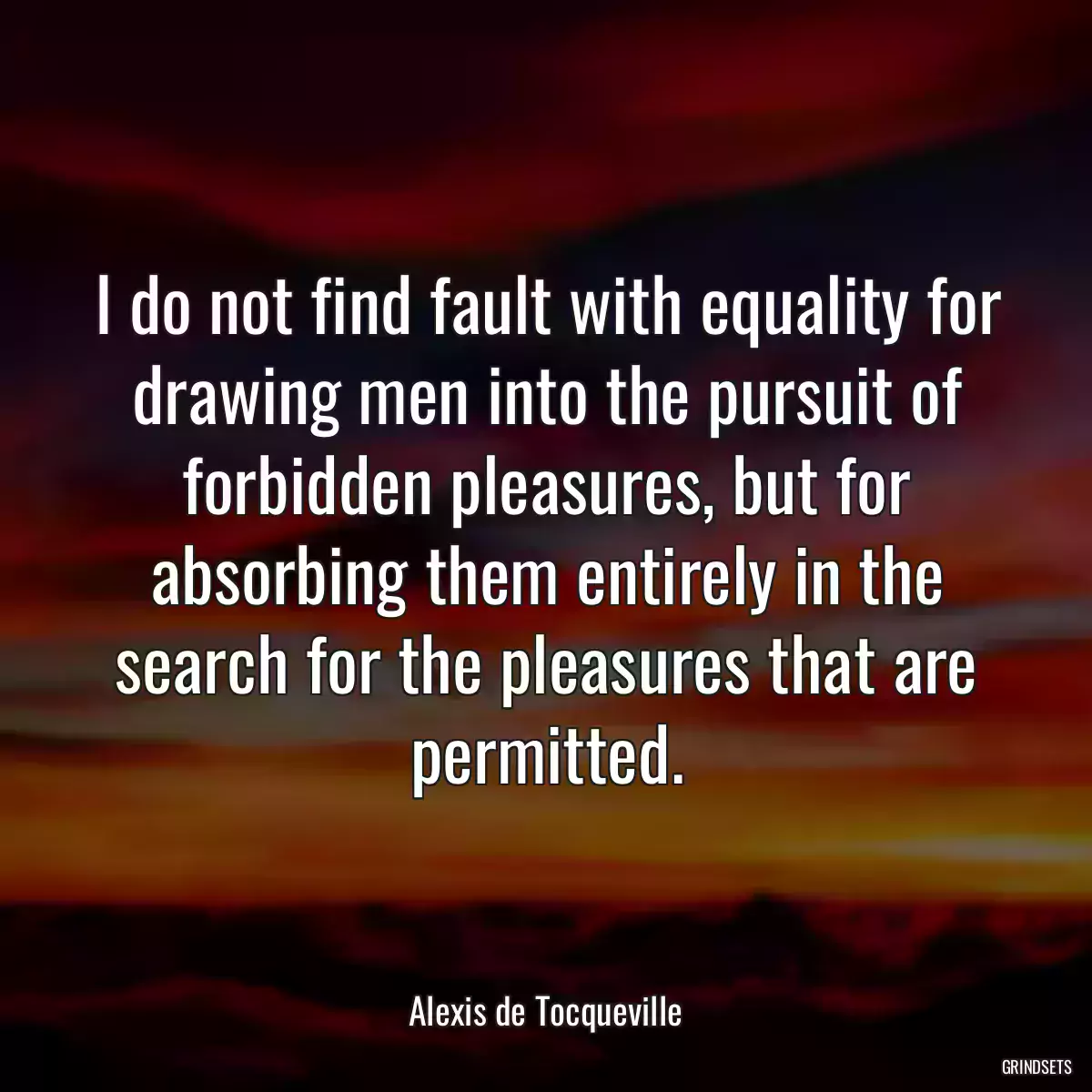 I do not find fault with equality for drawing men into the pursuit of forbidden pleasures, but for absorbing them entirely in the search for the pleasures that are permitted.