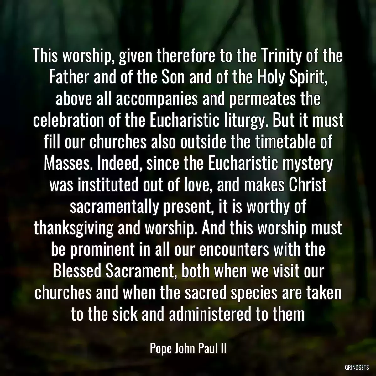 This worship, given therefore to the Trinity of the Father and of the Son and of the Holy Spirit, above all accompanies and permeates the celebration of the Eucharistic liturgy. But it must fill our churches also outside the timetable of Masses. Indeed, since the Eucharistic mystery was instituted out of love, and makes Christ sacramentally present, it is worthy of thanksgiving and worship. And this worship must be prominent in all our encounters with the Blessed Sacrament, both when we visit our churches and when the sacred species are taken to the sick and administered to them