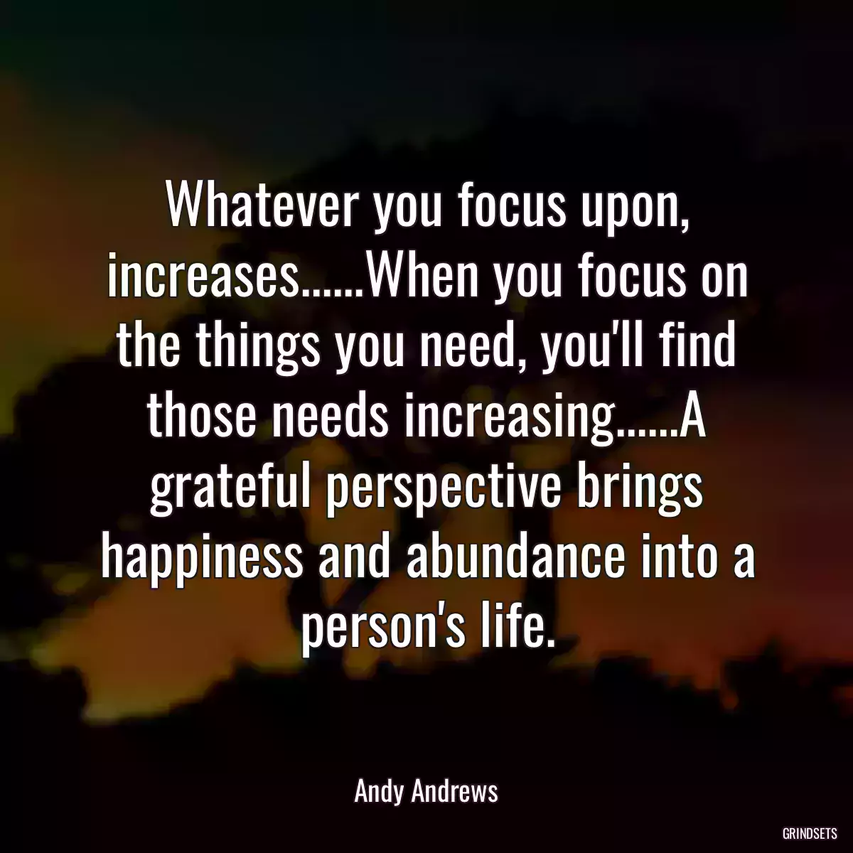 Whatever you focus upon, increases......When you focus on the things you need, you\'ll find those needs increasing......A grateful perspective brings happiness and abundance into a person\'s life.