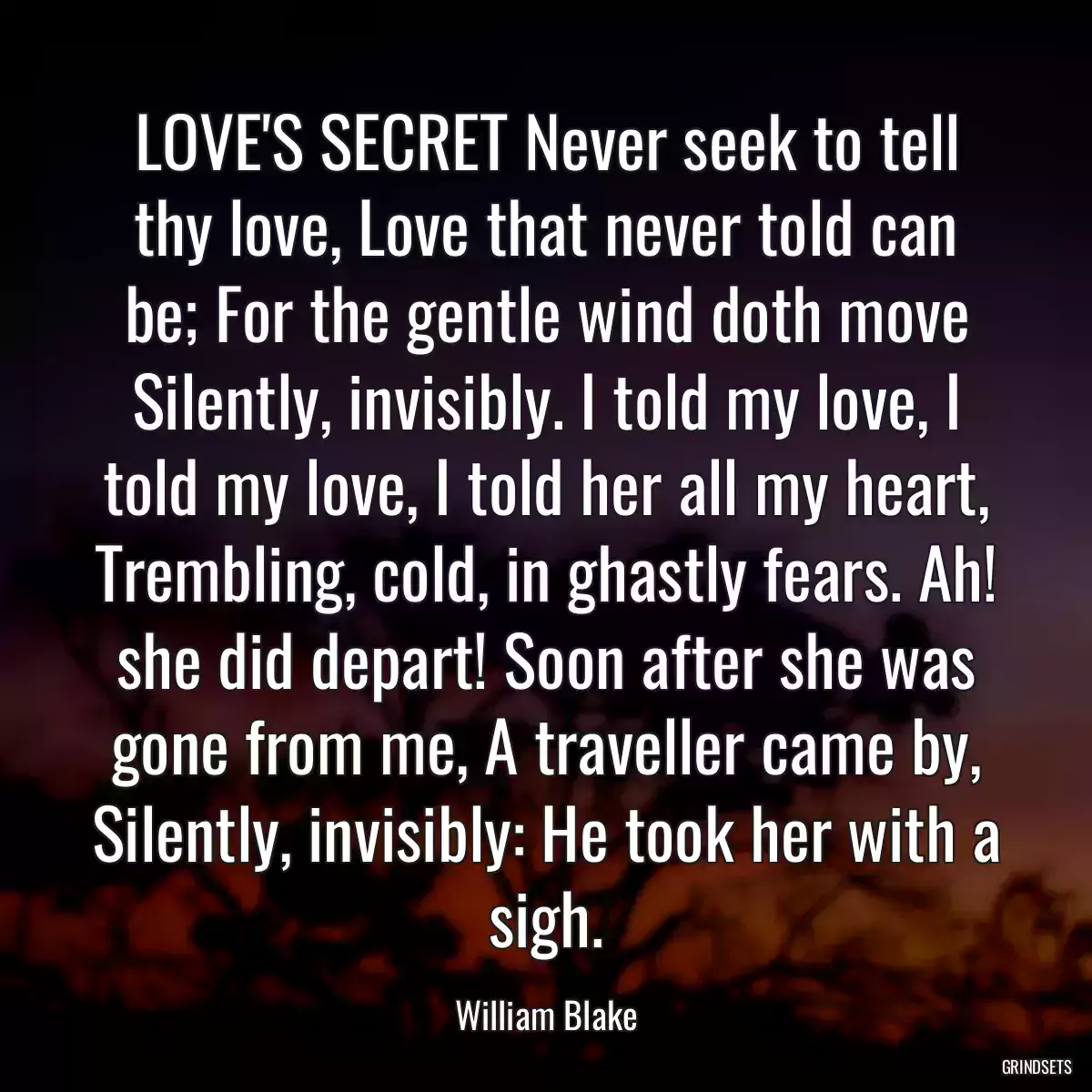 LOVE\'S SECRET Never seek to tell thy love, Love that never told can be; For the gentle wind doth move Silently, invisibly. I told my love, I told my love, I told her all my heart, Trembling, cold, in ghastly fears. Ah! she did depart! Soon after she was gone from me, A traveller came by, Silently, invisibly: He took her with a sigh.