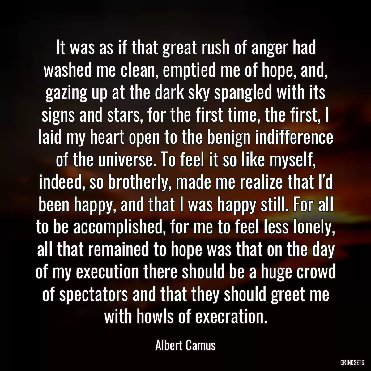 It was as if that great rush of anger had washed me clean, emptied me of hope, and, gazing up at the dark sky spangled with its signs and stars, for the first time, the first, I laid my heart open to the benign indifference of the universe. To feel it so like myself, indeed, so brotherly, made me realize that I\'d been happy, and that I was happy still. For all to be accomplished, for me to feel less lonely, all that remained to hope was that on the day of my execution there should be a huge crowd of spectators and that they should greet me with howls of execration.