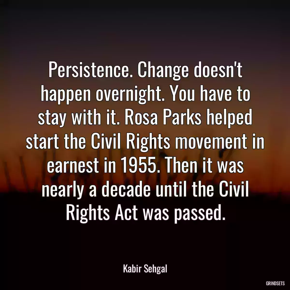 Persistence. Change doesn\'t happen overnight. You have to stay with it. Rosa Parks helped start the Civil Rights movement in earnest in 1955. Then it was nearly a decade until the Civil Rights Act was passed.