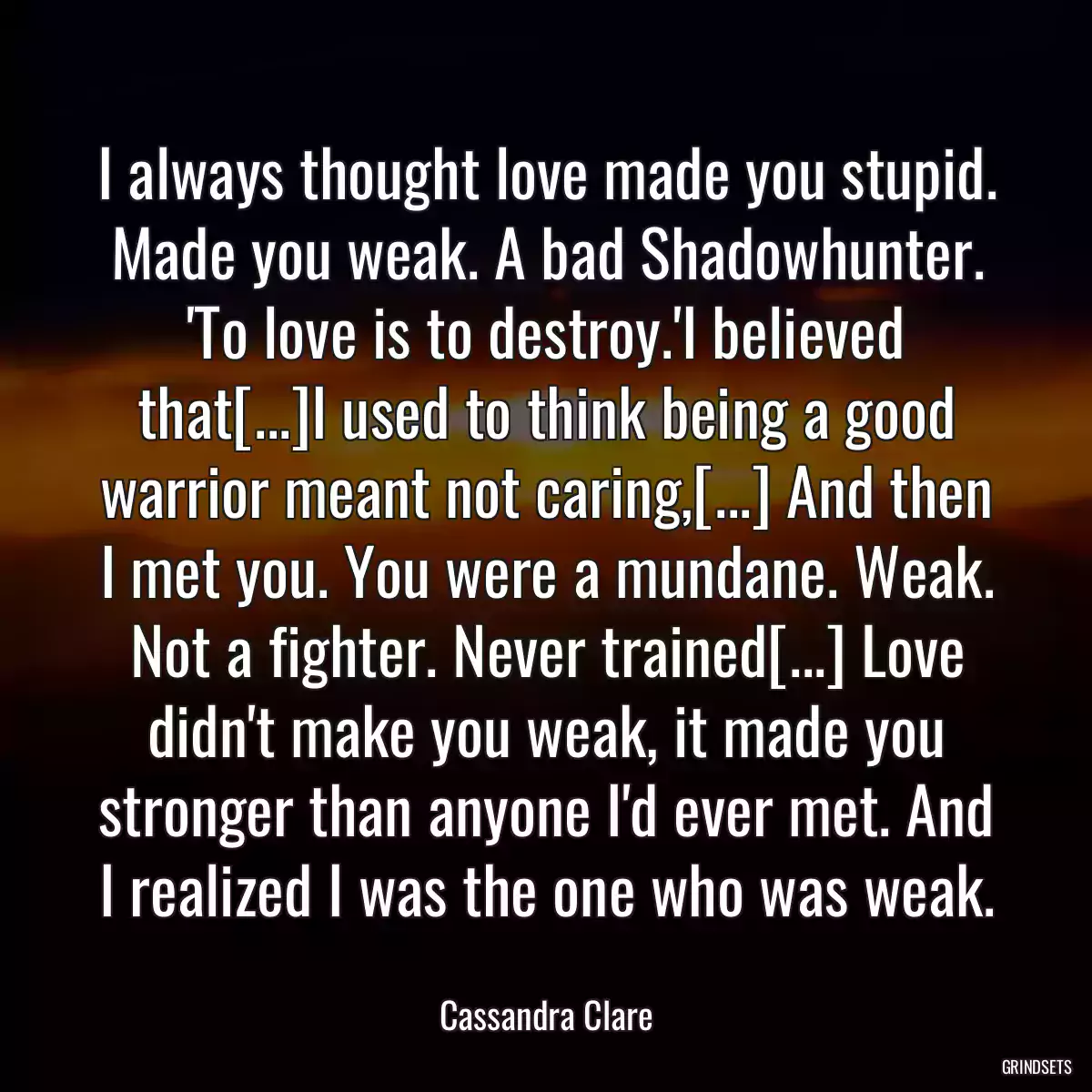 I always thought love made you stupid. Made you weak. A bad Shadowhunter. \'To love is to destroy.\'I believed that[...]I used to think being a good warrior meant not caring,[...] And then I met you. You were a mundane. Weak. Not a fighter. Never trained[...] Love didn\'t make you weak, it made you stronger than anyone I\'d ever met. And I realized I was the one who was weak.