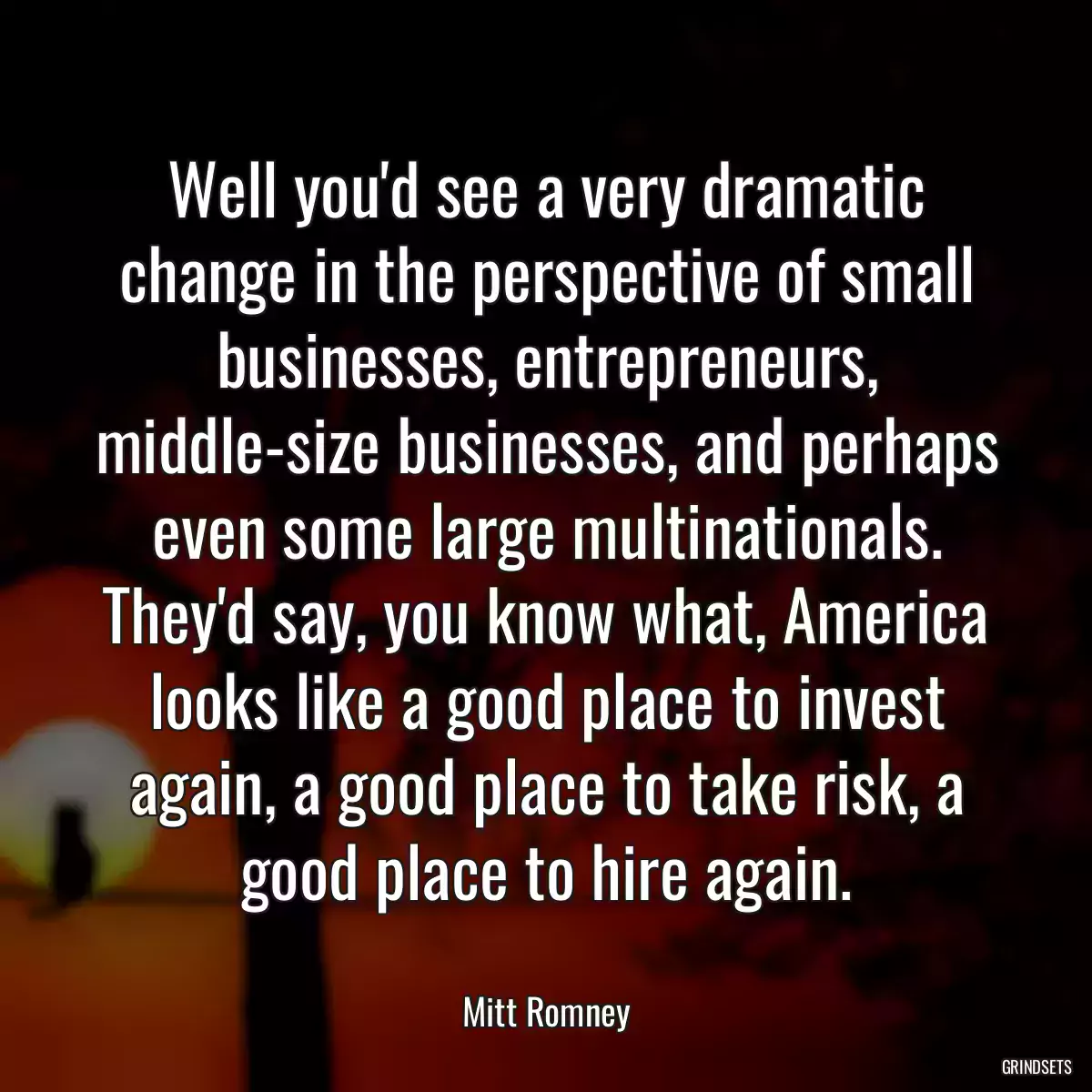 Well you\'d see a very dramatic change in the perspective of small businesses, entrepreneurs, middle-size businesses, and perhaps even some large multinationals. They\'d say, you know what, America looks like a good place to invest again, a good place to take risk, a good place to hire again.