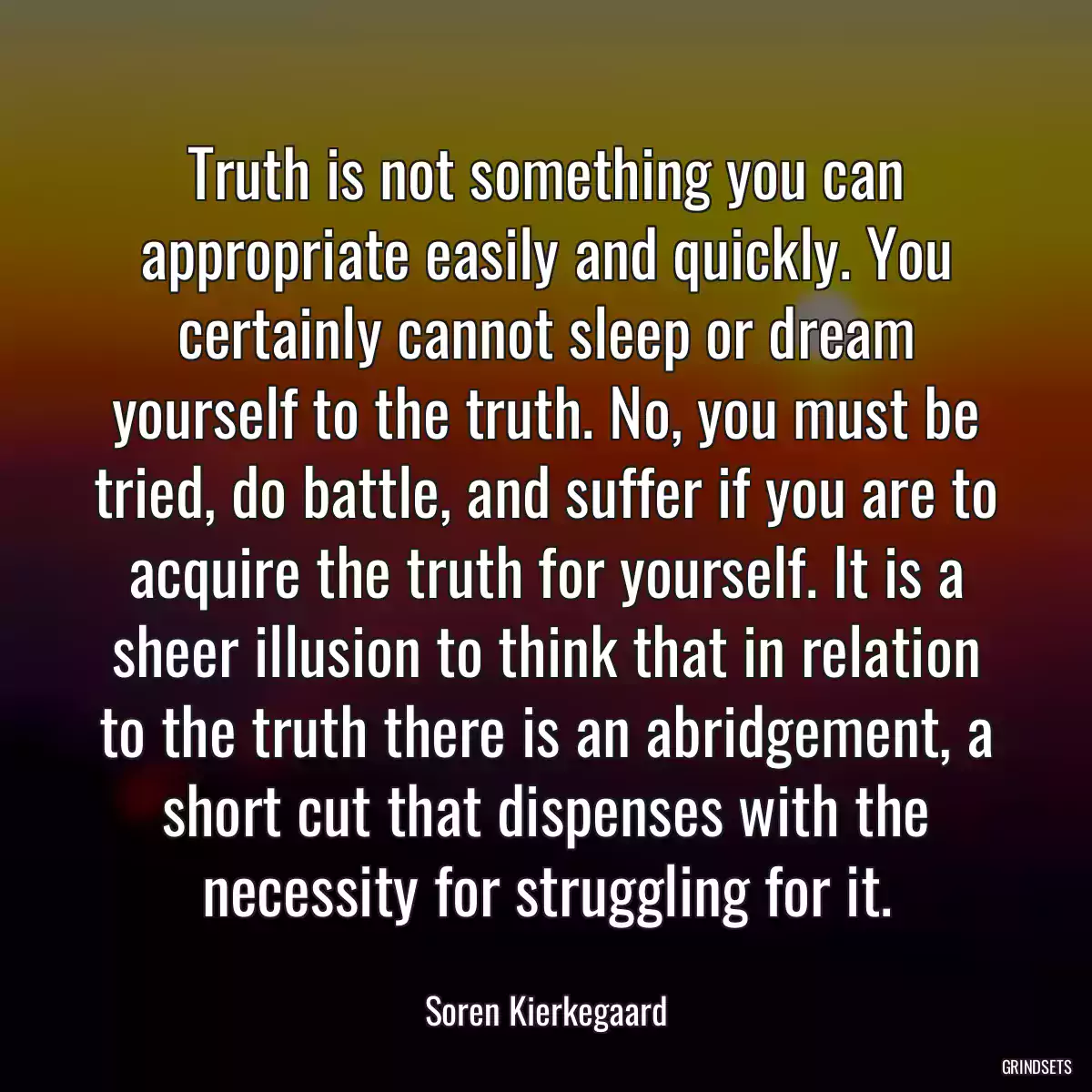 Truth is not something you can appropriate easily and quickly. You certainly cannot sleep or dream yourself to the truth. No, you must be tried, do battle, and suffer if you are to acquire the truth for yourself. It is a sheer illusion to think that in relation to the truth there is an abridgement, a short cut that dispenses with the necessity for struggling for it.