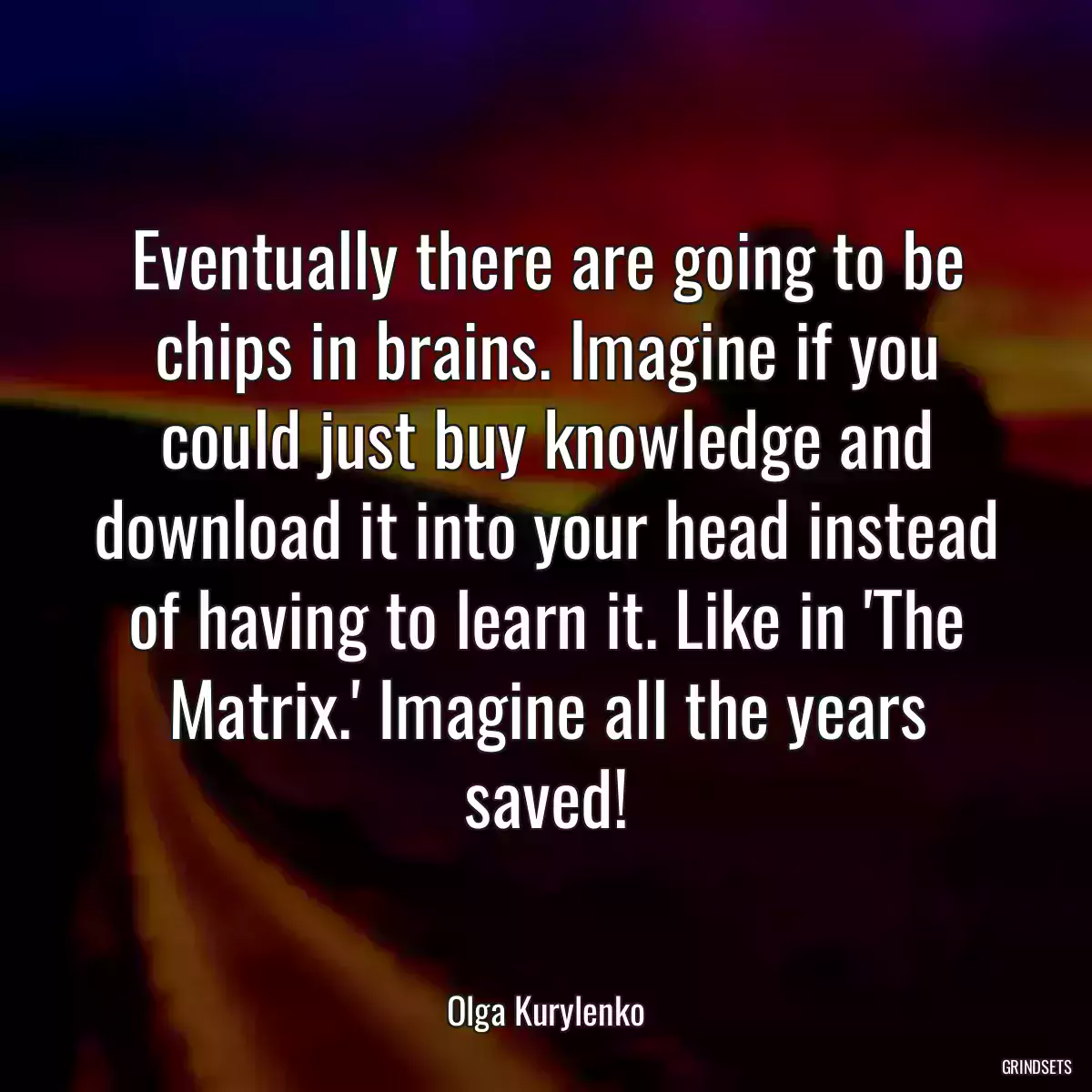 Eventually there are going to be chips in brains. Imagine if you could just buy knowledge and download it into your head instead of having to learn it. Like in \'The Matrix.\' Imagine all the years saved!