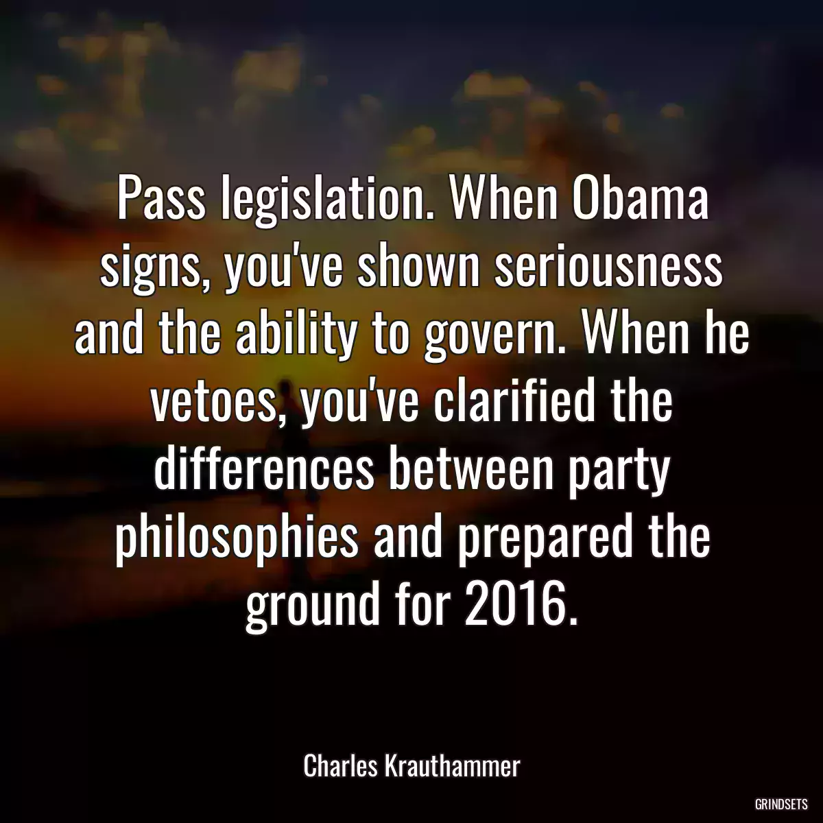 Pass legislation. When Obama signs, you\'ve shown seriousness and the ability to govern. When he vetoes, you\'ve clarified the differences between party philosophies and prepared the ground for 2016.