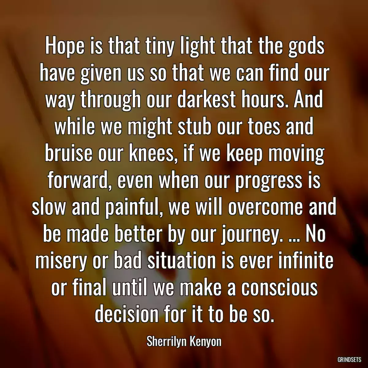 Hope is that tiny light that the gods have given us so that we can find our way through our darkest hours. And while we might stub our toes and bruise our knees, if we keep moving forward, even when our progress is slow and painful, we will overcome and be made better by our journey. … No misery or bad situation is ever infinite or final until we make a conscious decision for it to be so.