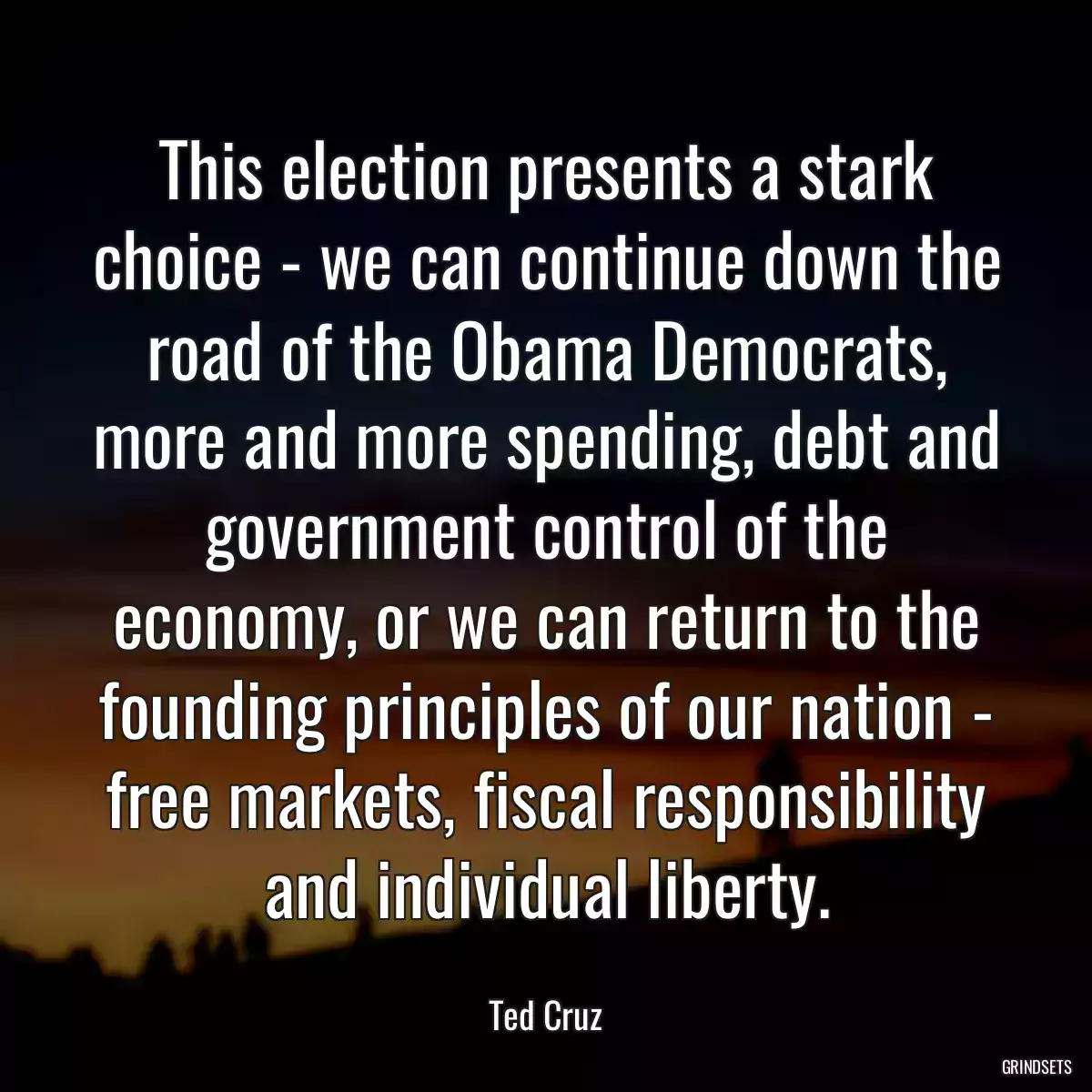 This election presents a stark choice - we can continue down the road of the Obama Democrats, more and more spending, debt and government control of the economy, or we can return to the founding principles of our nation - free markets, fiscal responsibility and individual liberty.