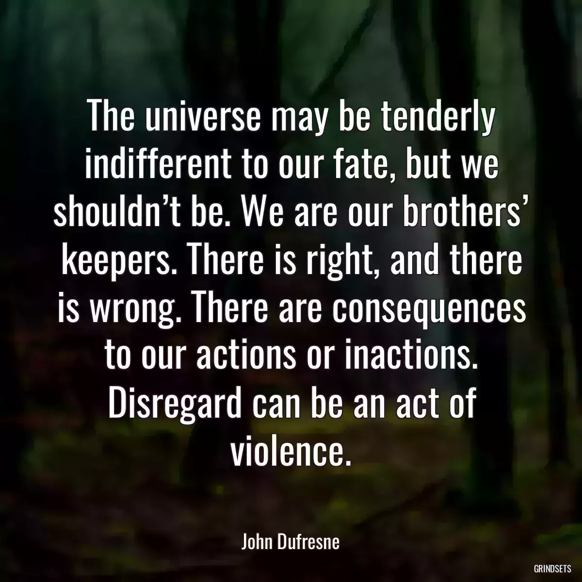 The universe may be tenderly indifferent to our fate, but we shouldn’t be. We are our brothers’ keepers. There is right, and there is wrong. There are consequences to our actions or inactions. Disregard can be an act of violence.