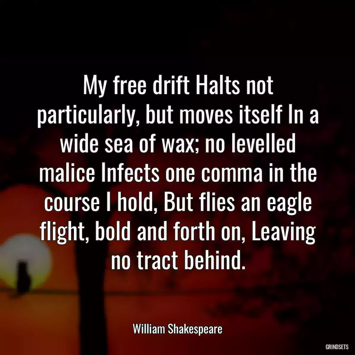 My free drift Halts not particularly, but moves itself In a wide sea of wax; no levelled malice Infects one comma in the course I hold, But flies an eagle flight, bold and forth on, Leaving no tract behind.