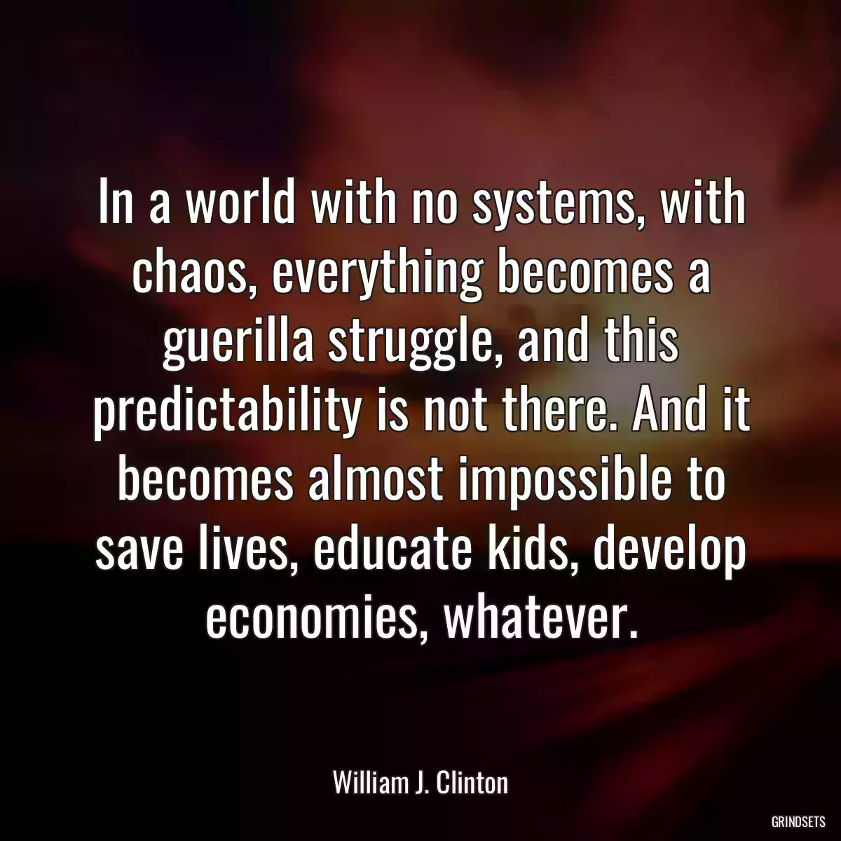 In a world with no systems, with chaos, everything becomes a guerilla struggle, and this predictability is not there. And it becomes almost impossible to save lives, educate kids, develop economies, whatever.